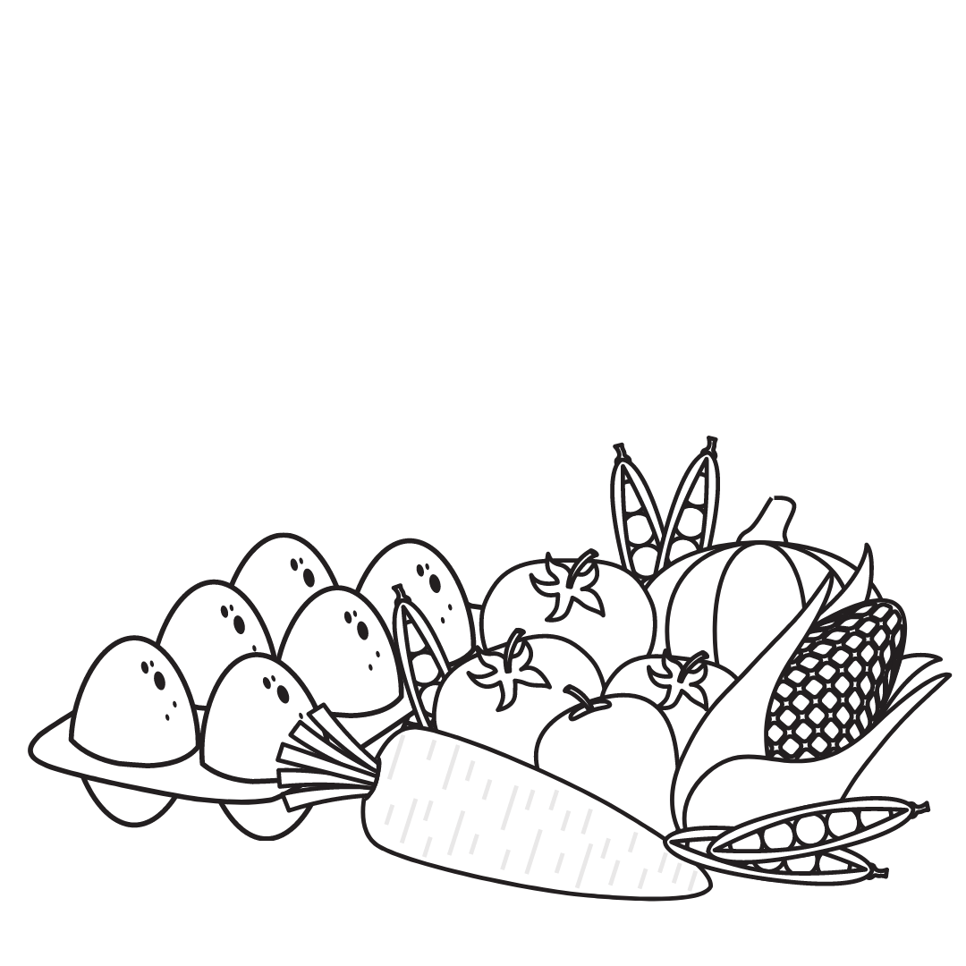 Ilustración en blanco y negro de frutas y verduras