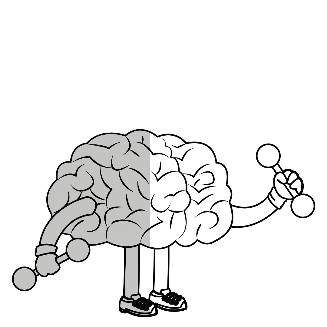 Ilustración en blanco y negro de un cerebro ejercitándose.
